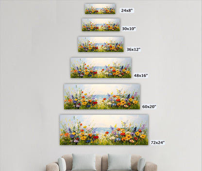 A series of framed paintings depicting a vibrant field of flowers, each with a different size and resolution, ranging from 24x8" to 72x24" in size.
