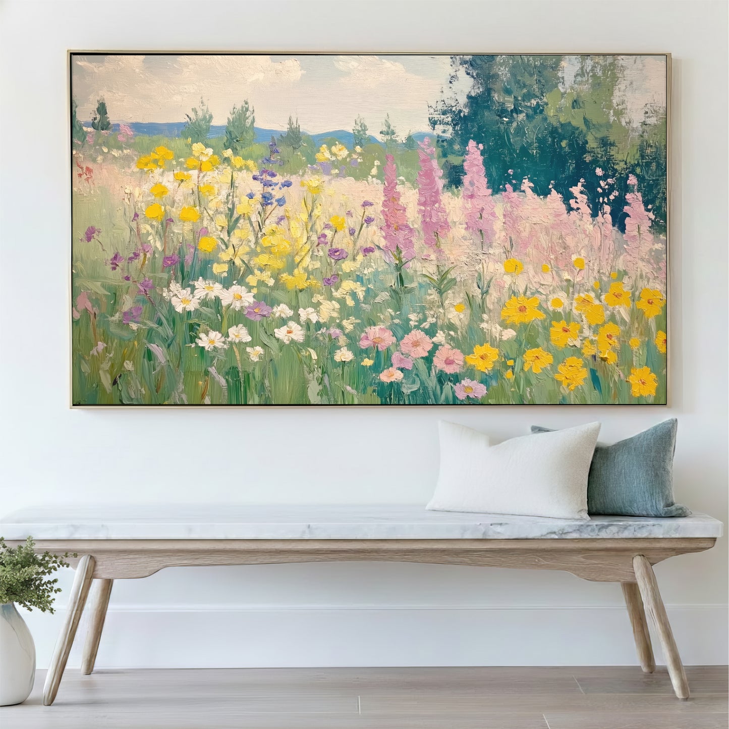 a large painting of a colorful garden with various flowers and plants hanging on a wall above a wooden bench.