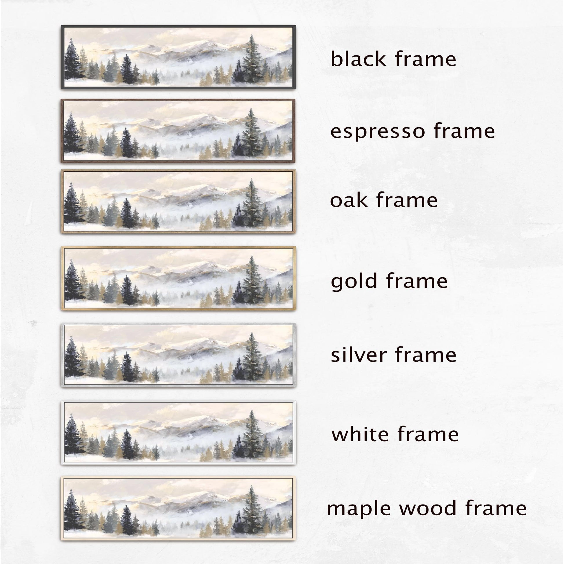a series of framed landscape photographs, each with a different frame color and style. The photographs are arranged in a row, showcasing the various frame options available for displaying the landscape scenes.