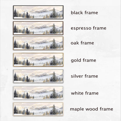 a series of framed landscape photographs, each with a different frame color and style. The photographs are arranged in a row, showcasing the various frame options available for displaying the landscape scenes.