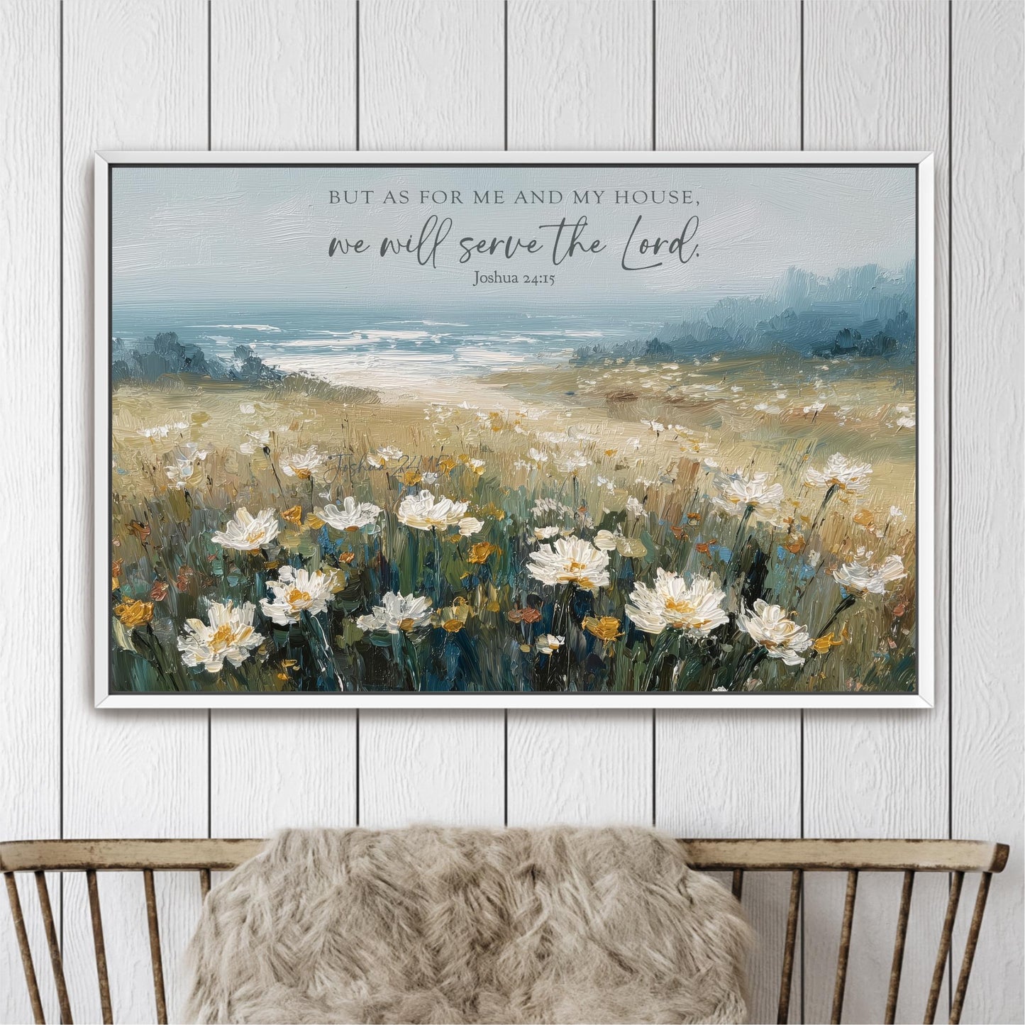 The image is a framed painting depicting a field of white flowers against a blue sky, with a text overlay that reads "But as for me and my house, we will serve the Lord."