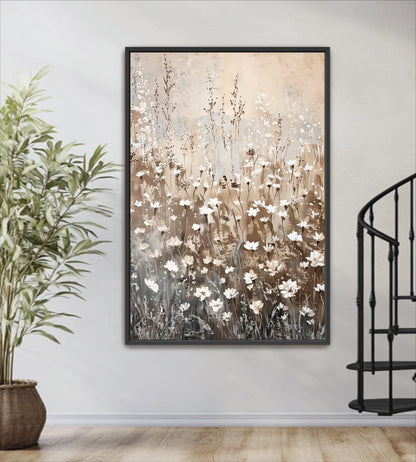 a large framed painting of a field of flowers hanging on a wall, with a potted plant to the left of the painting.