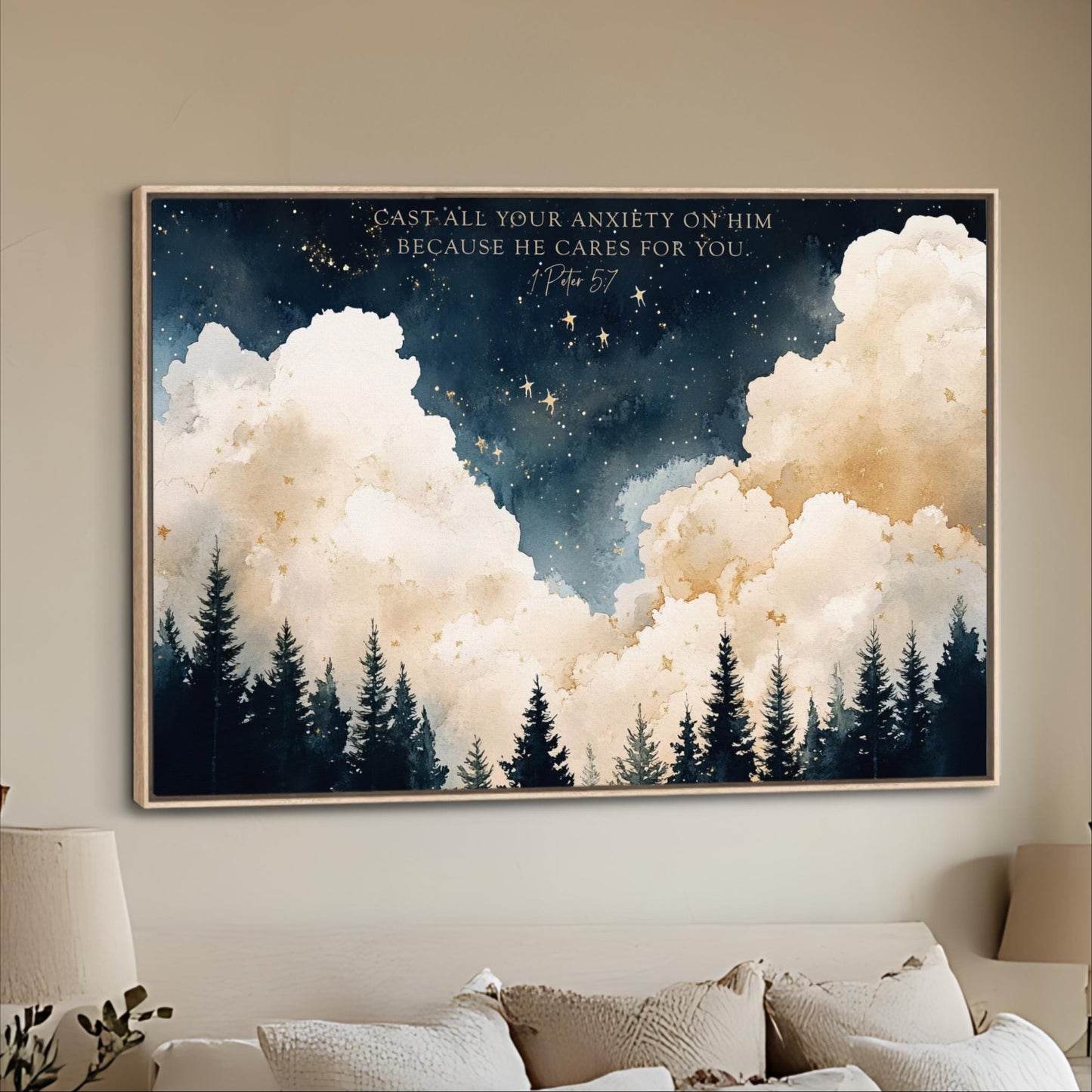 The image is a large framed painting hanging on a wall, depicting a serene night sky with clouds and stars.