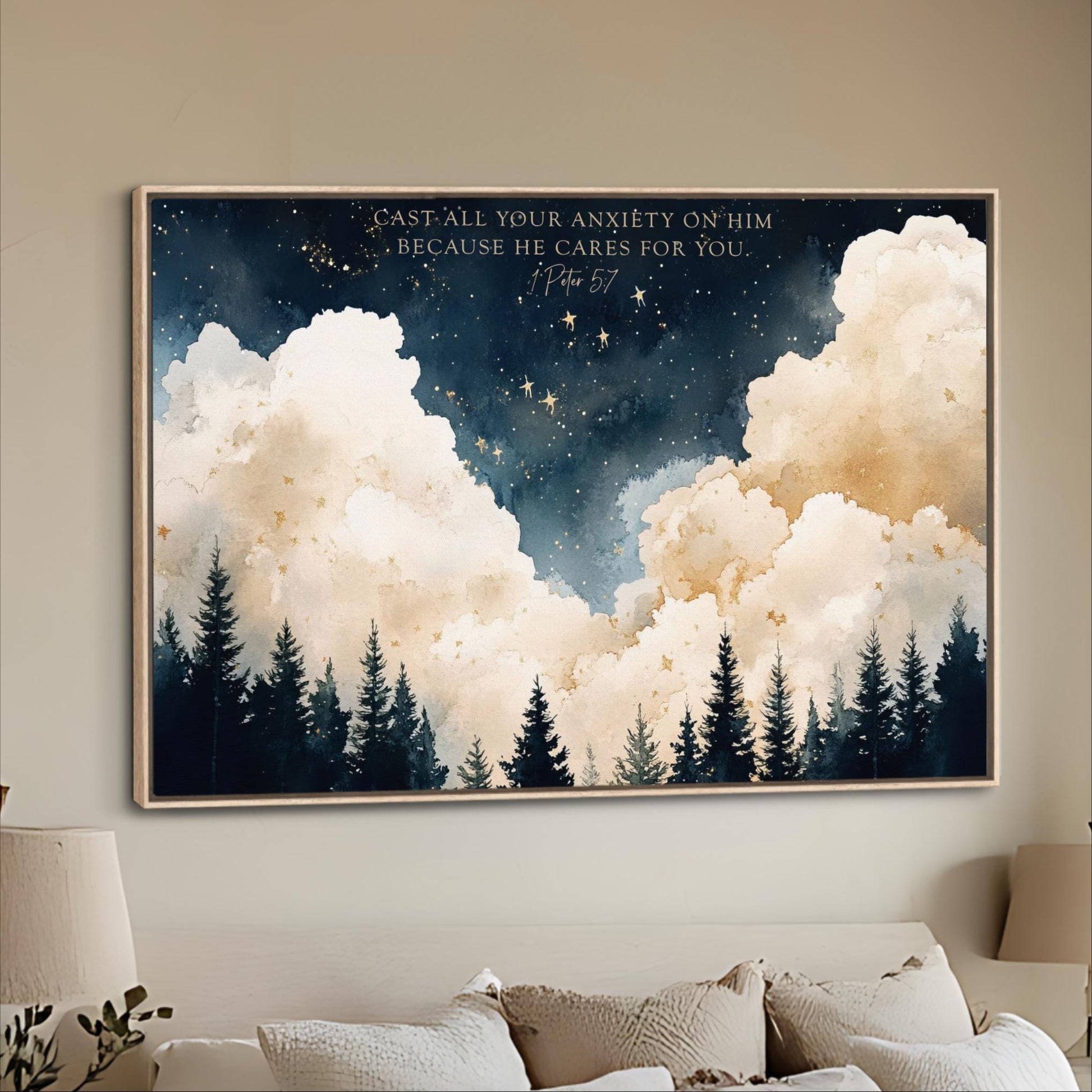 The image is a large framed painting hanging on a wall, depicting a serene night sky with clouds and stars.