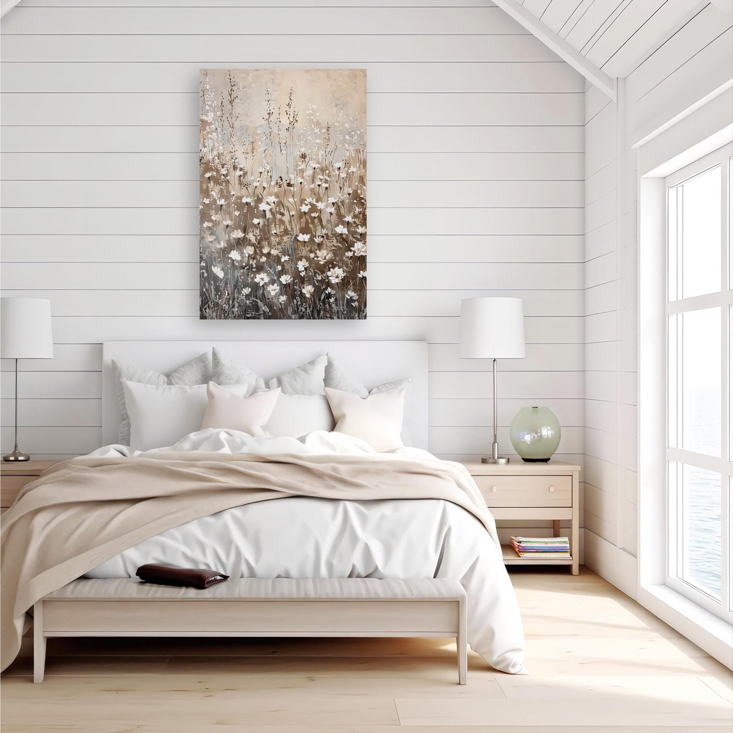 a serene and cozy bedroom with a large bed, white bedding, and a painting of flowers hanging above it. The room has white walls and a wooden floor, creating a warm and inviting atmosphere.