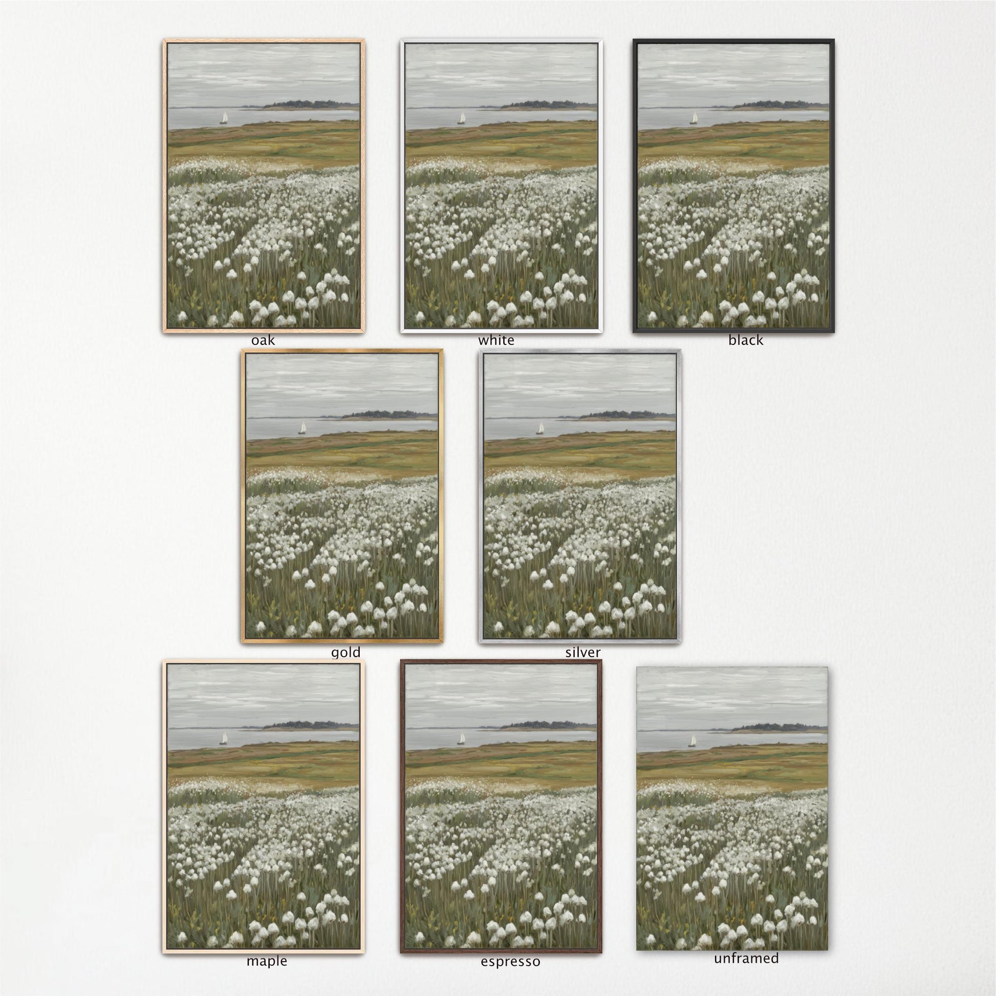a collection of nine framed landscape paintings, each depicting a serene field of white flowers. The paintings are arranged in a grid format, with three paintings in each row and three paintings in each column. The paintings vary in size and frame style, showcasing the diversity of the artwork.