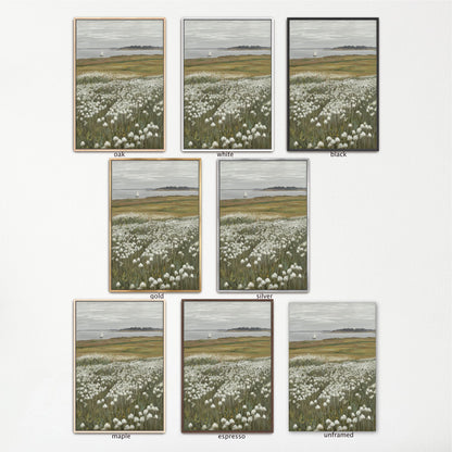 a collection of nine framed landscape paintings, each depicting a serene field of white flowers. The paintings are arranged in a grid format, with three paintings in each row and three paintings in each column. The paintings vary in size and frame style, showcasing the diversity of the artwork.