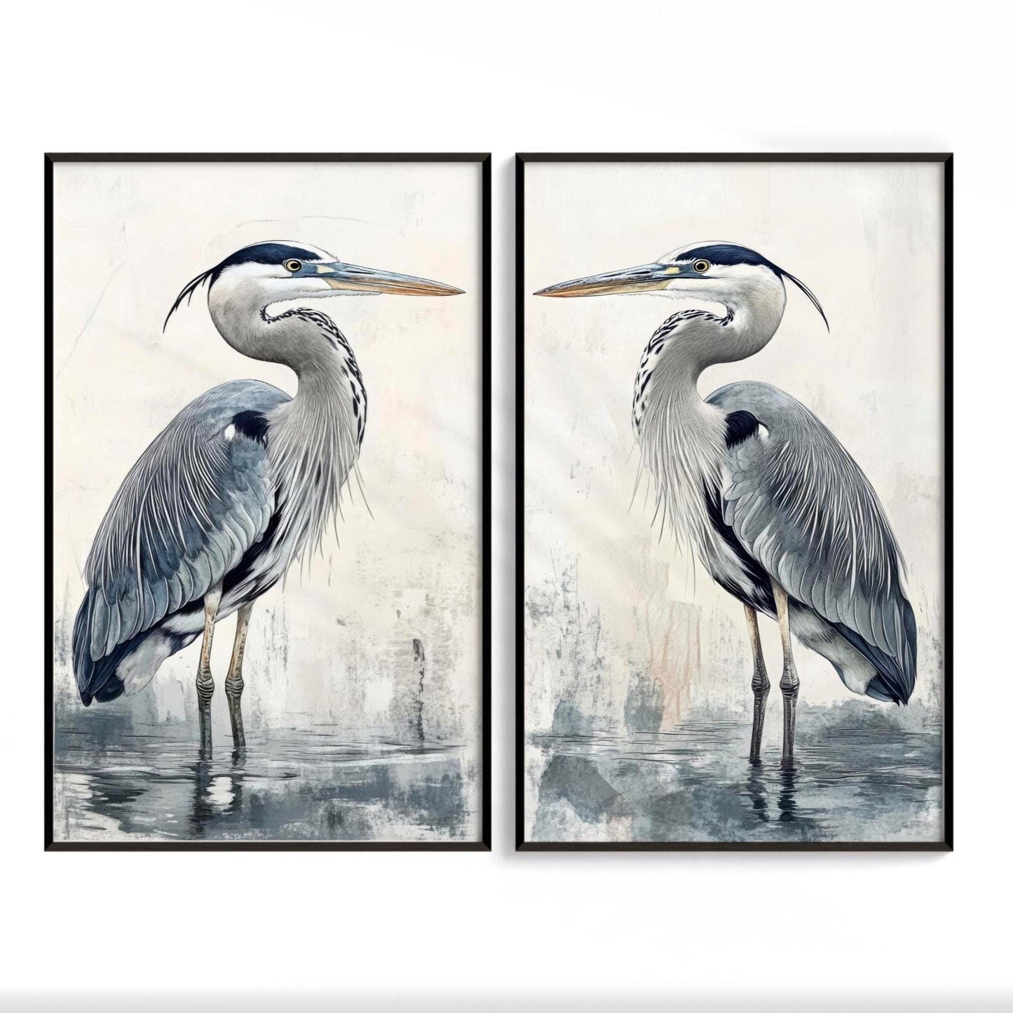 blue heron birds set of 2, coastal art prints or framed canvas, shipped
