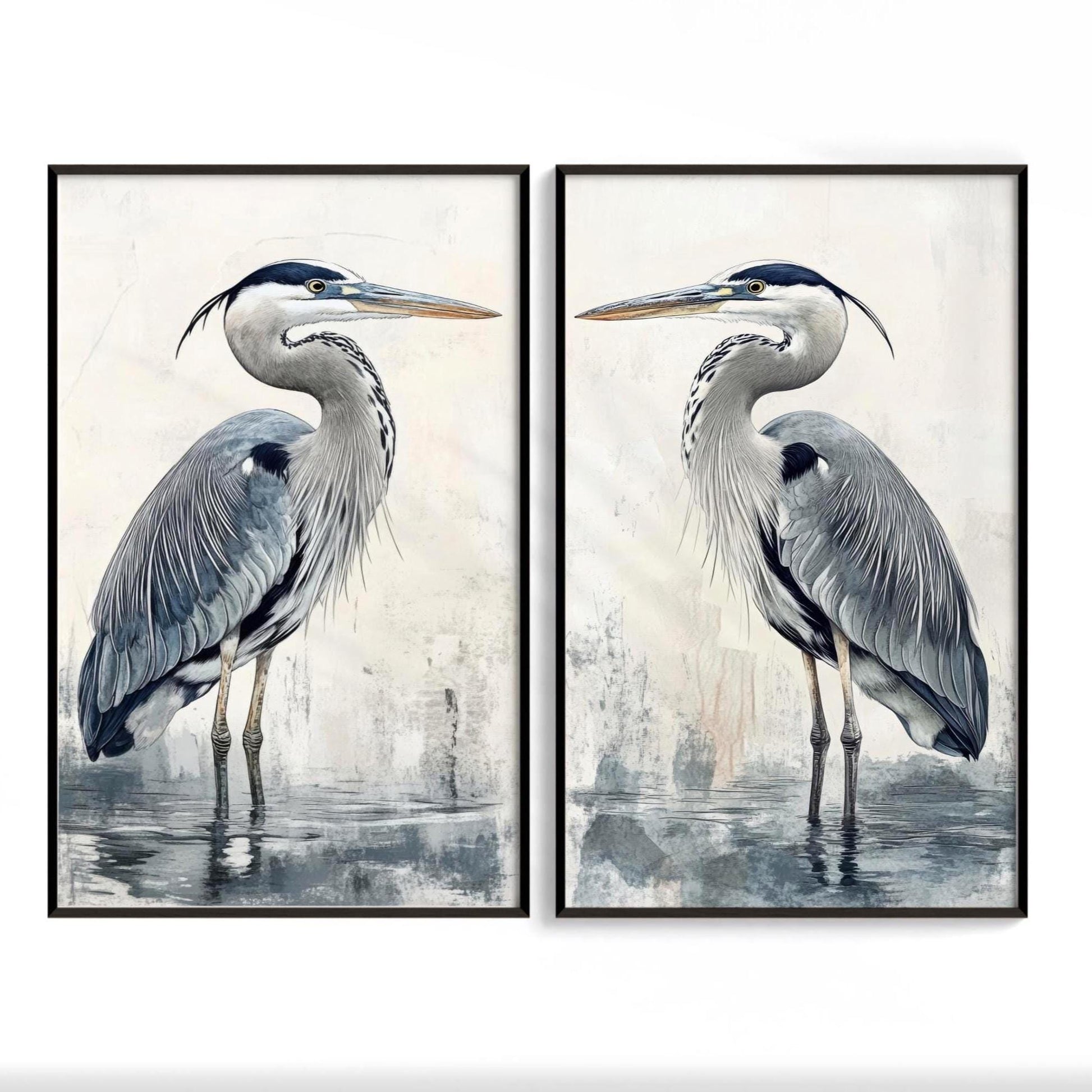 blue heron birds set of 2, coastal art prints or framed canvas, shipped