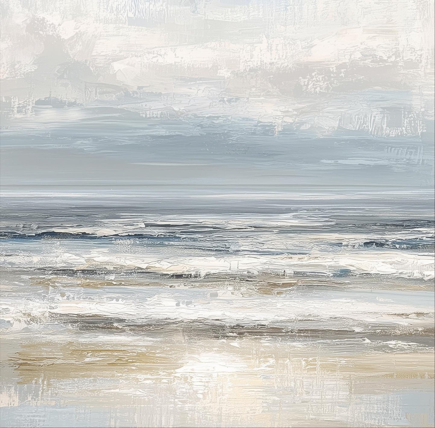 The image is a painting depicting a serene ocean scene with waves gently lapping against the shore. The sky above is filled with clouds, creating a tranquil atmosphere. The painting is a beautiful representation of the ocean and its natural beauty.