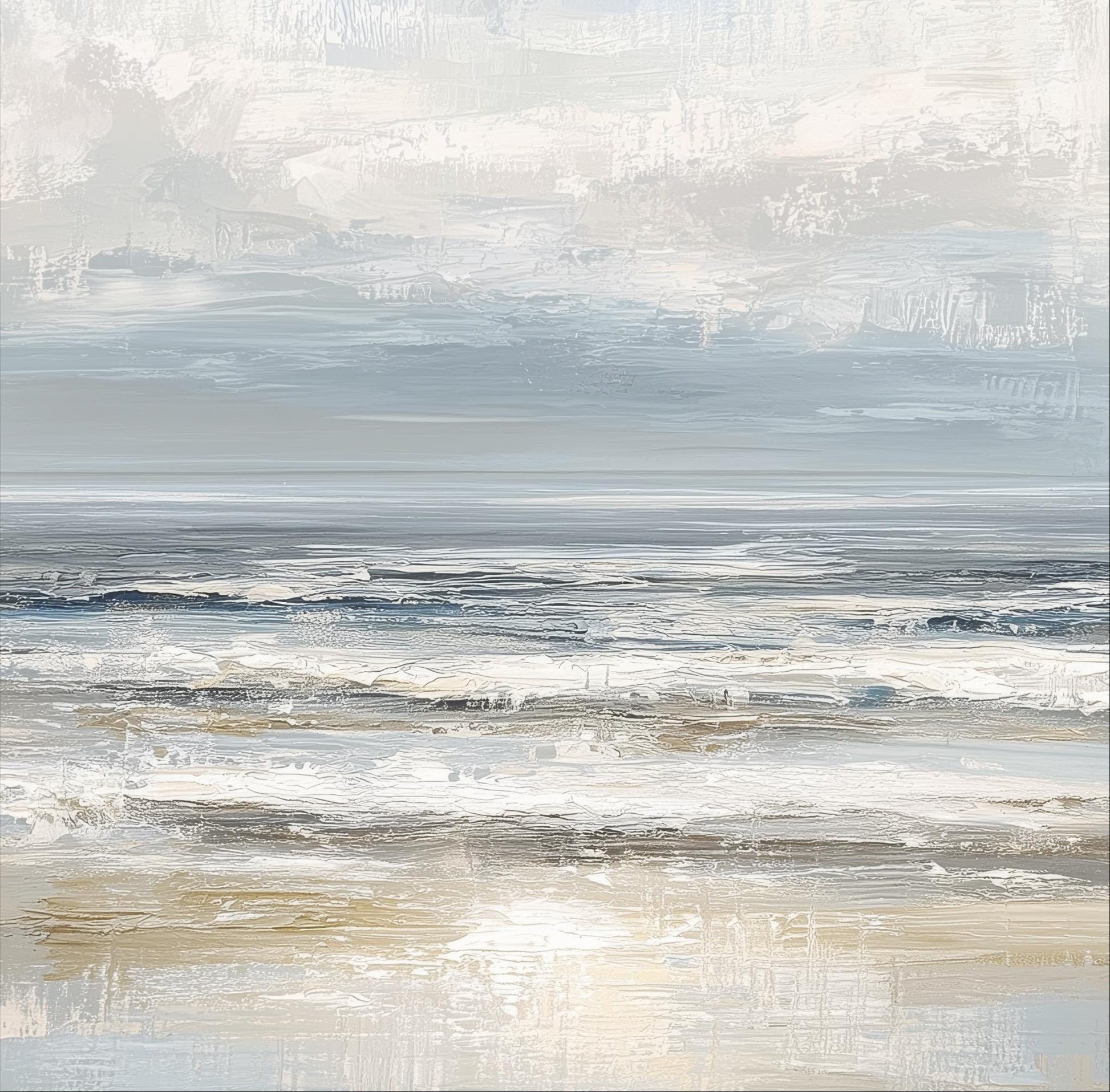 The image is a painting depicting a serene ocean scene with waves gently lapping against the shore. The sky above is filled with clouds, creating a tranquil atmosphere. The painting is a beautiful representation of the ocean and its natural beauty.