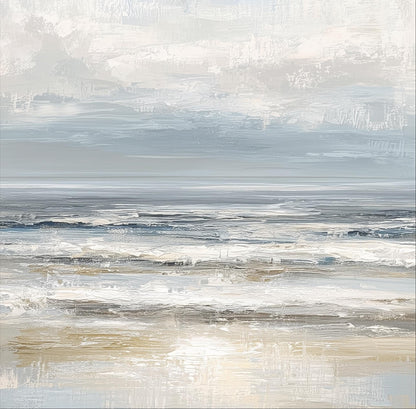 The image is a painting depicting a serene ocean scene with waves gently lapping against the shore. The sky above is filled with clouds, creating a tranquil atmosphere. The painting is a beautiful representation of the ocean and its natural beauty.