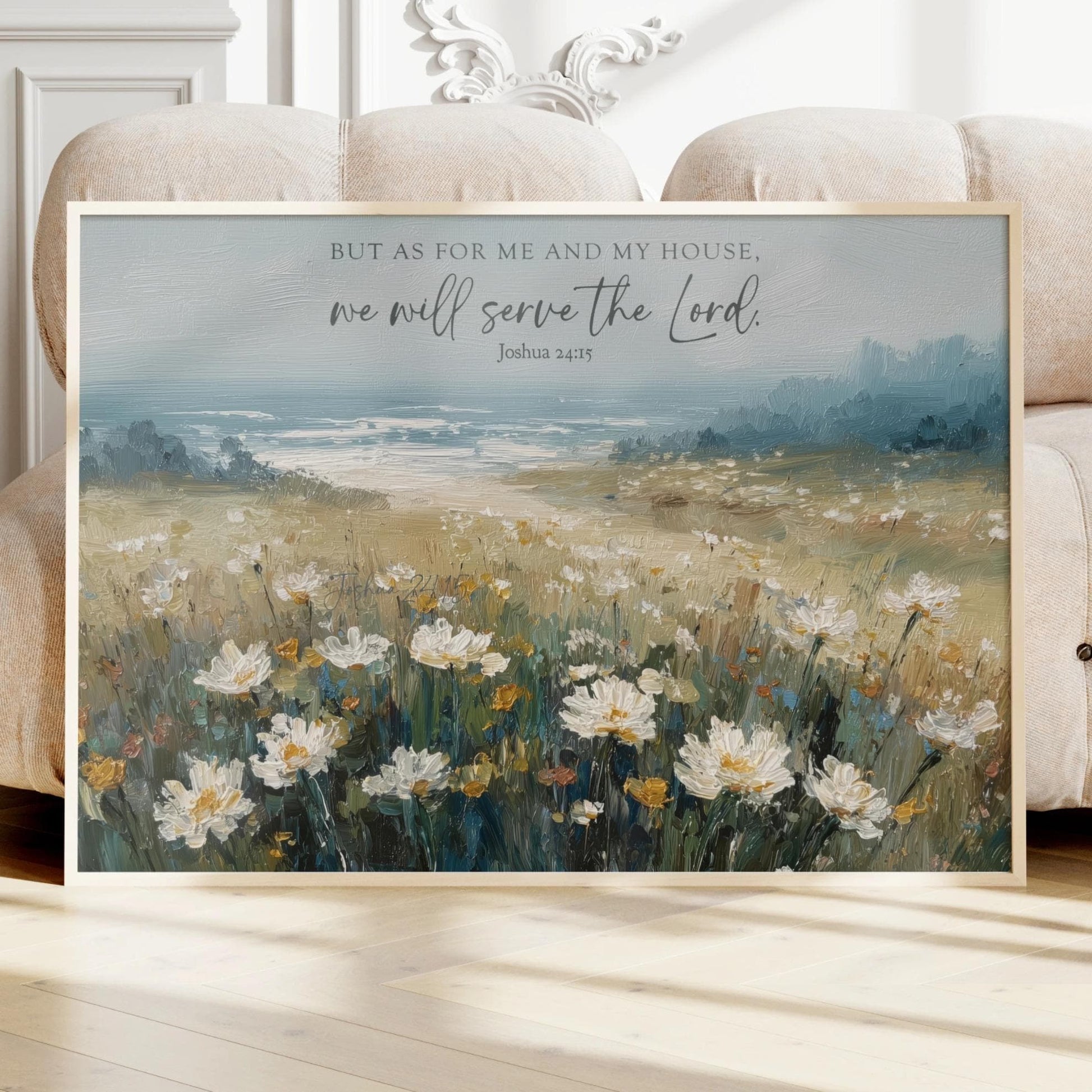 Bible Verse Wall Art, Coastal Landscape Field of Wildflowers, Oil Painting Look, Scripture As for Me and My House Joshua 24:15, Christian