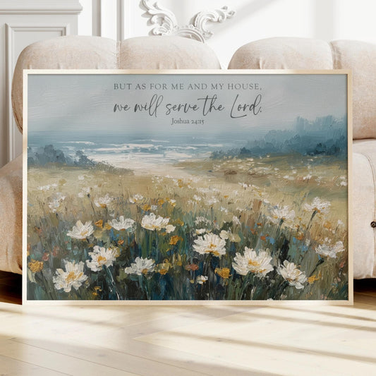 Bible Verse Wall Art, Coastal Landscape Field of Wildflowers, Oil Painting Look, Scripture As for Me and My House Joshua 24:15, Christian