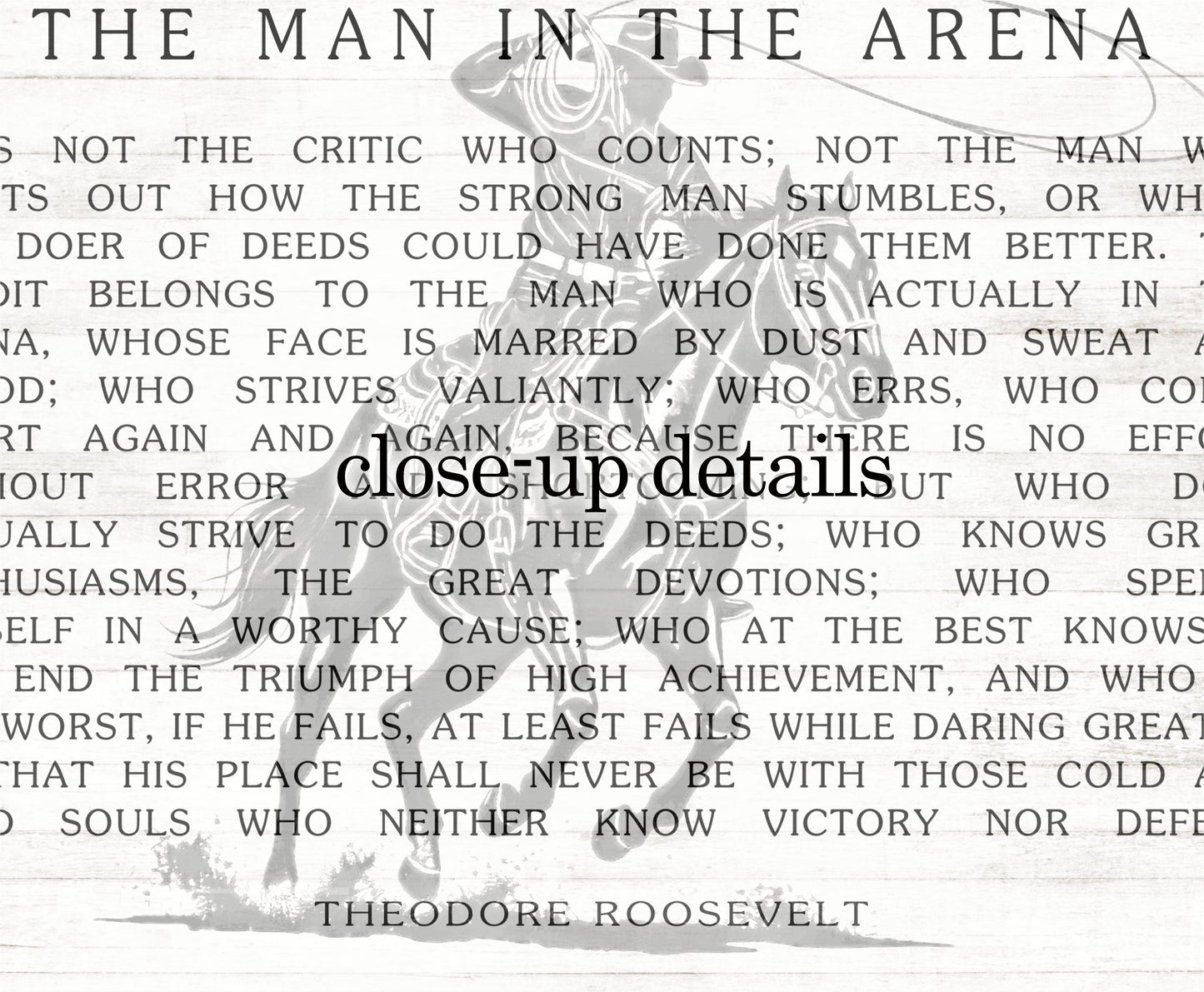 a quote from Theodore Roosevelt, a famous American president, which is a part of a larger text. The text is in black and white and is arranged in a collage-like format, with the quote overlaid on the image. The text is not a single sentence but a continuous flow of words, and it is not a typical description of an image. The quote is not a description of the image itself but rather a description of the content within the image.