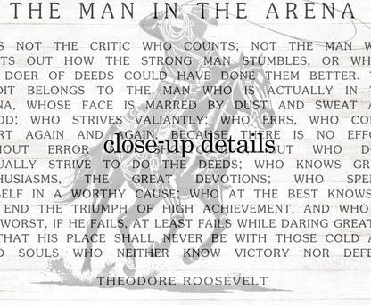 a quote from Theodore Roosevelt, a famous American president, which is a part of a larger text. The text is in black and white and is arranged in a collage-like format, with the quote overlaid on the image. The text is not a single sentence but a continuous flow of words, and it is not a typical description of an image. The quote is not a description of the image itself but rather a description of the content within the image.
