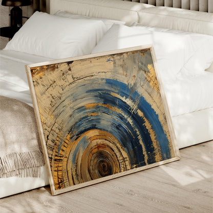 a picture of a bed with pillows and a painting on the floor