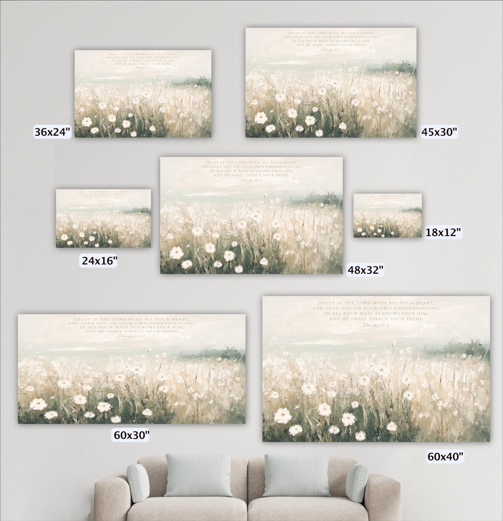 a collection of six different sizes of paintings or prints, each depicting a field of flowers. The paintings vary in size, ranging from 36x24" to 60x30". The text accompanying each painting provides a description of the artwork, but it is not possible to provide a full, detailed explanation of each painting without seeing the image.