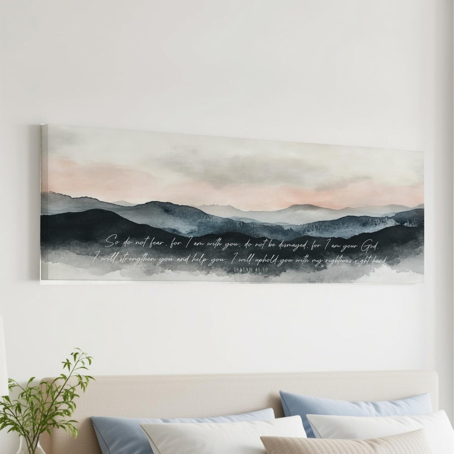 a large watercolor painting of a mountain landscape with a quote from the Bible, specifically verse 11 from the book of Isaiah.