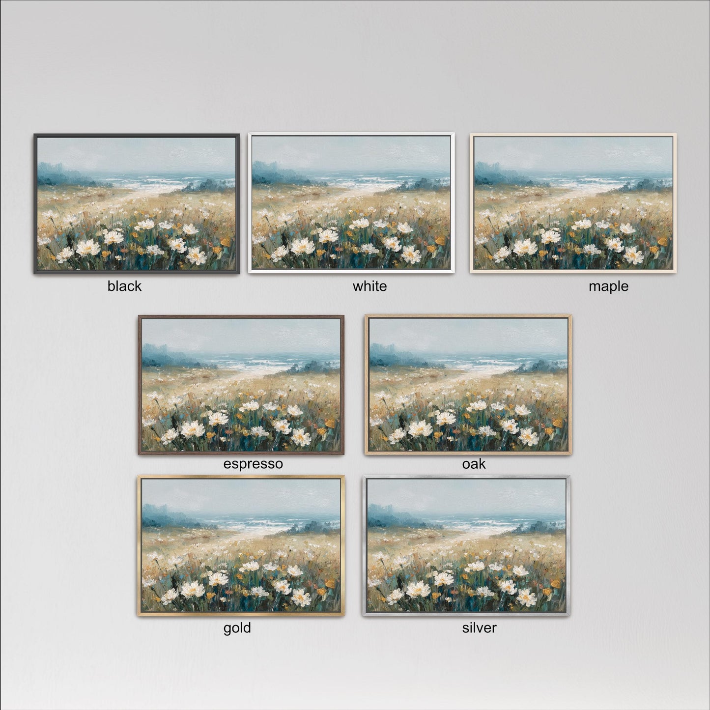six different framed paintings of a field with flowers, each with a different color frame. The paintings are arranged in a grid format, with three paintings in each row and two paintings in each column.