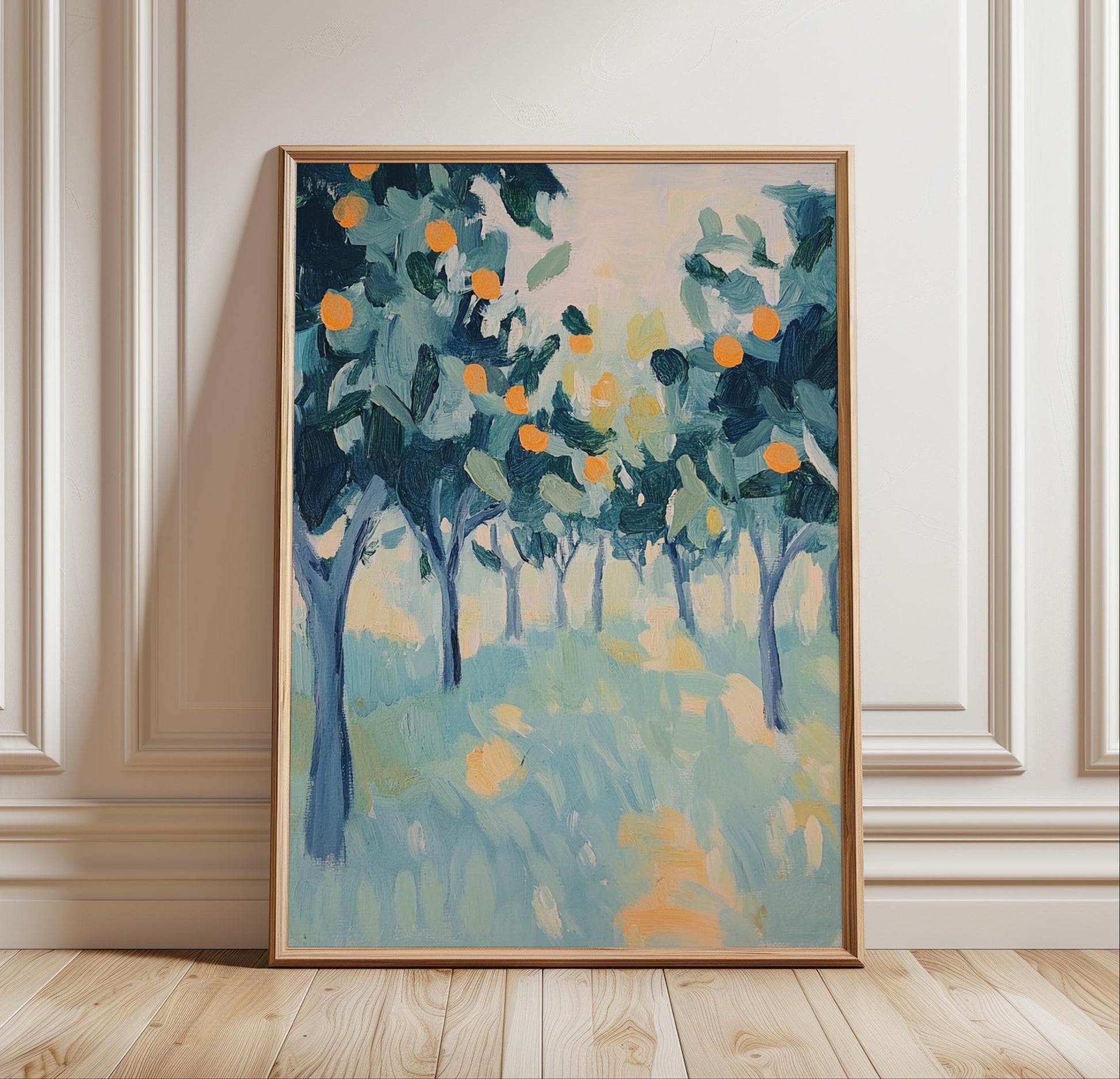 The image is a framed painting depicting a serene landscape with a grove of trees and a field of flowers.