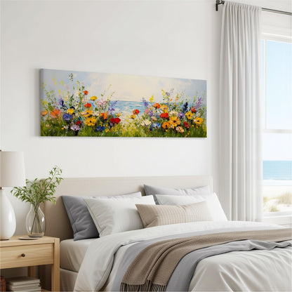 a serene bedroom scene with a large painting of a colorful garden on the wall above a bed with white bedding and pillows.