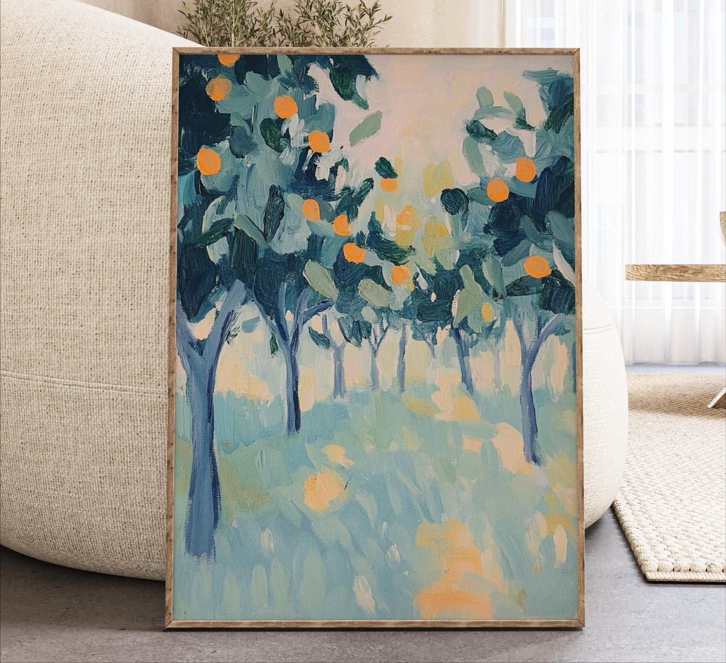 a painting of a tree-filled landscape with a vibrant color palette of blue, green, and orange.