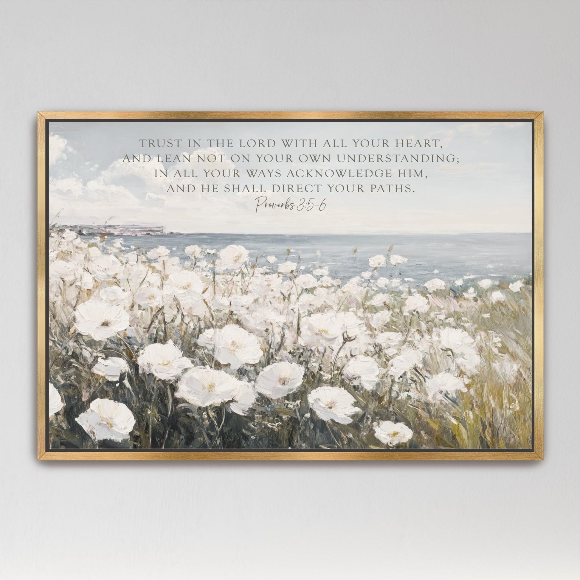 a painting of white flowers with a bible verse