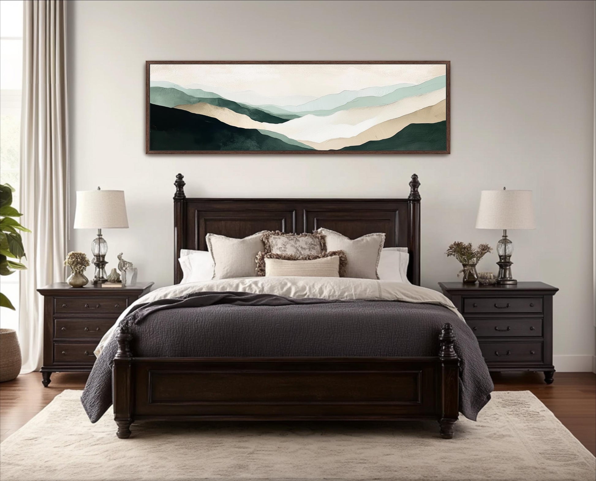 a serene bedroom scene with a large bed, dark wood furniture, and a large painting of a mountain landscape above it.