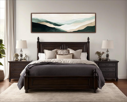 a serene bedroom scene with a large bed, dark wood furniture, and a large painting of a mountain landscape above it.