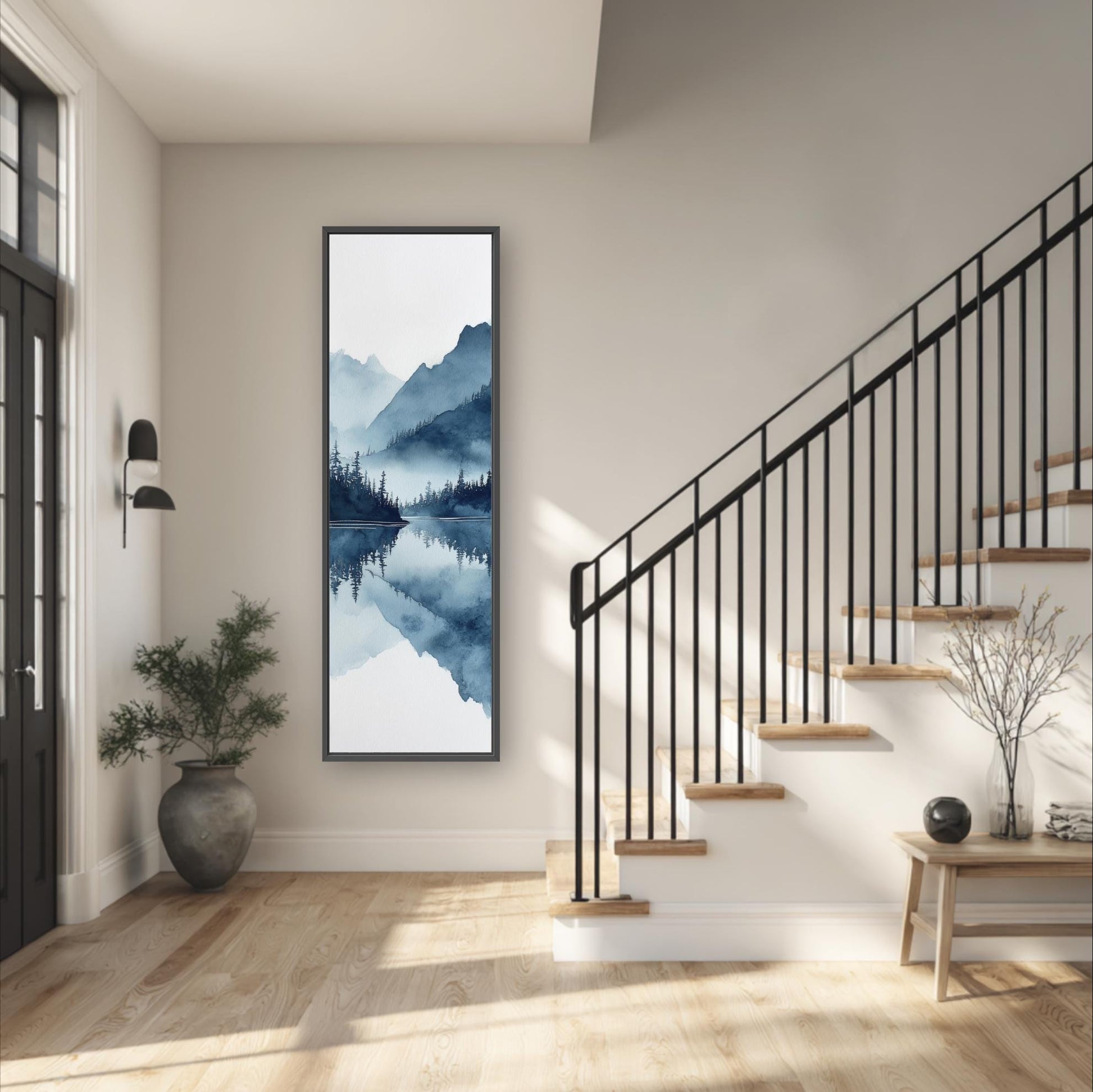 a modern and minimalist interior design, featuring a large painting of a serene landscape hanging on the wall, a black metal railing on the staircase, and a wooden bench near the staircase.