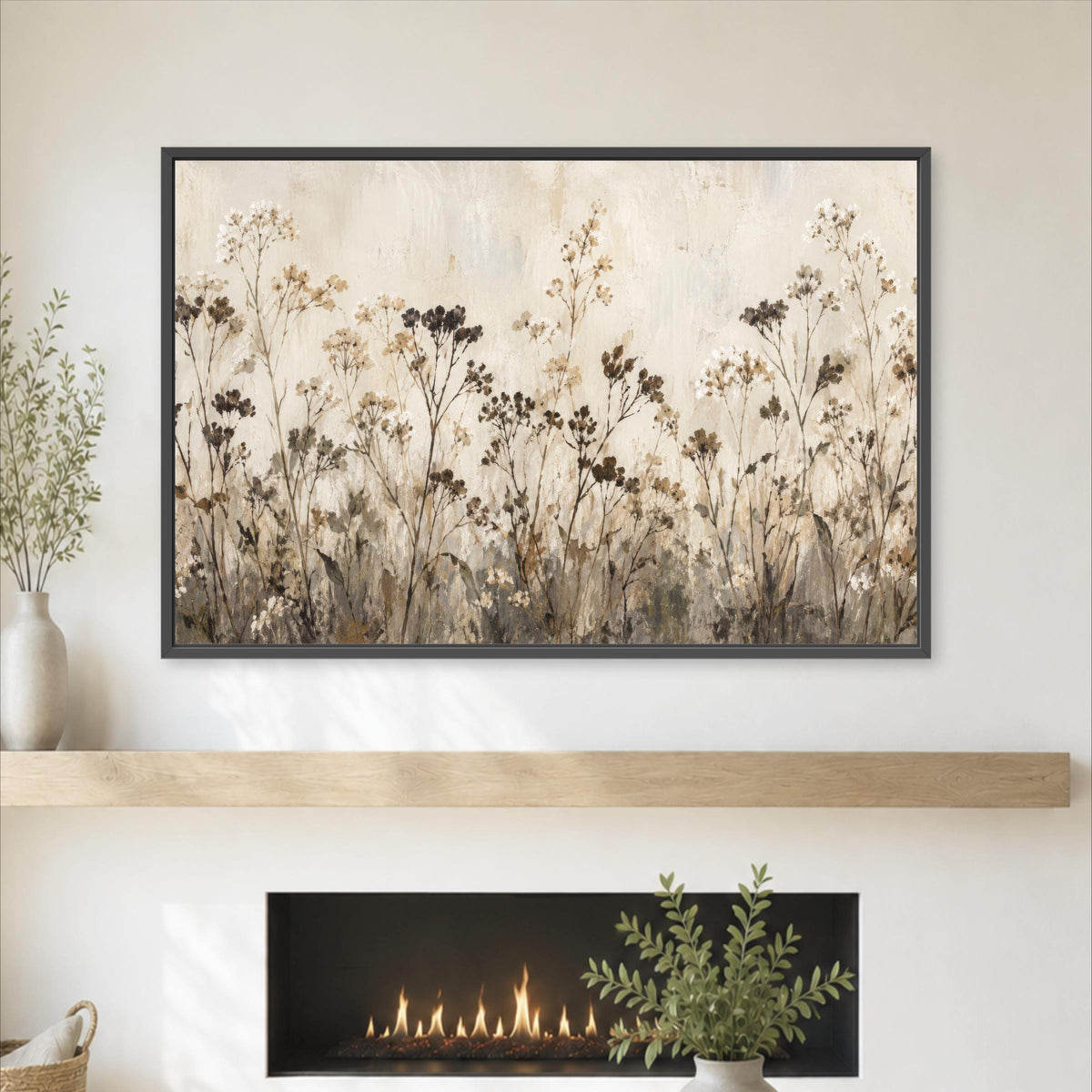 a large framed painting of a field of flowers hanging on a wall above a fireplace. The painting has a warm, earthy color palette and depicts a serene, natural scene. The fireplace is adorned with a plant and a vase, adding a touch of greenery and elegance to the room.