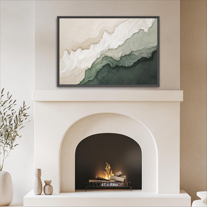 a modern living room with a white fireplace and a framed abstract painting above it.