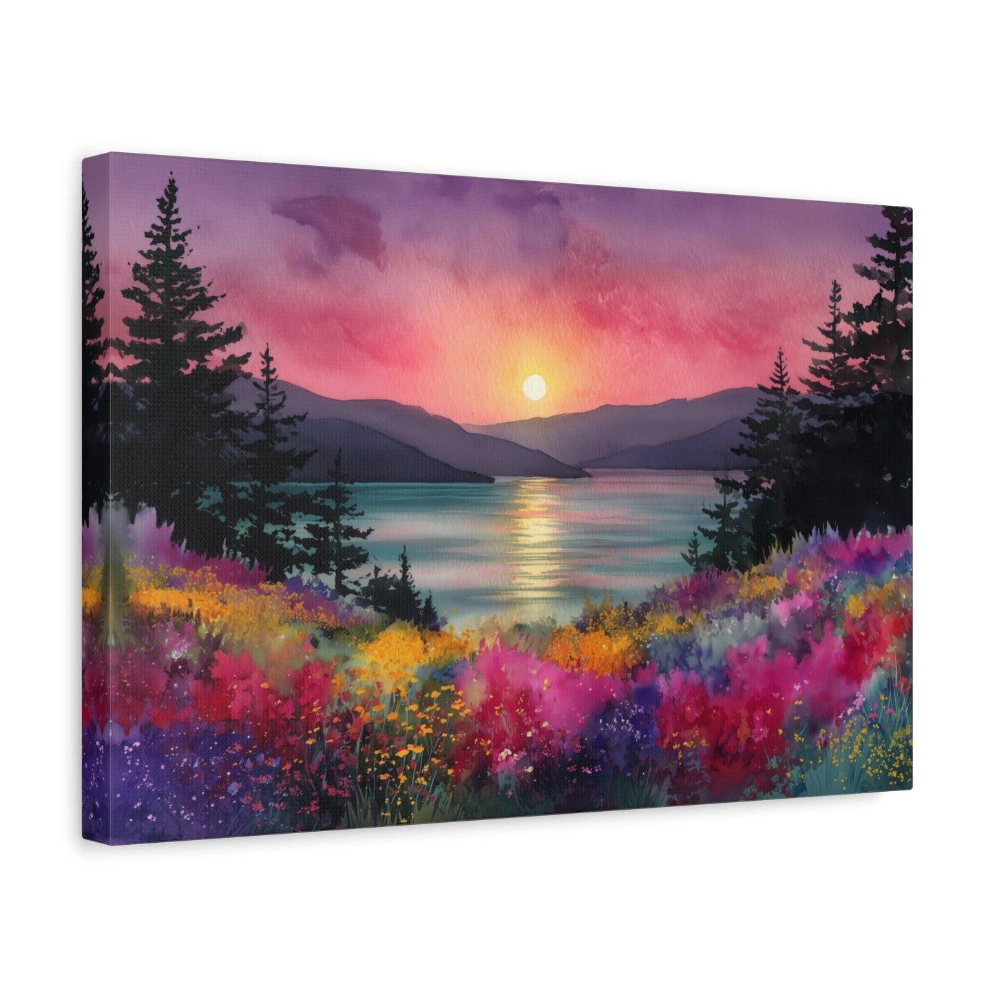 A vibrant watercolor painting depicting a serene landscape with a sunset over a lake, surrounded by a colorful meadow filled with flowers.