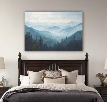 a large bedroom with a wooden headboard and a bed with white bedding. Above the bed, there is a large canvas print depicting a mountain landscape with trees and mountains in the background.