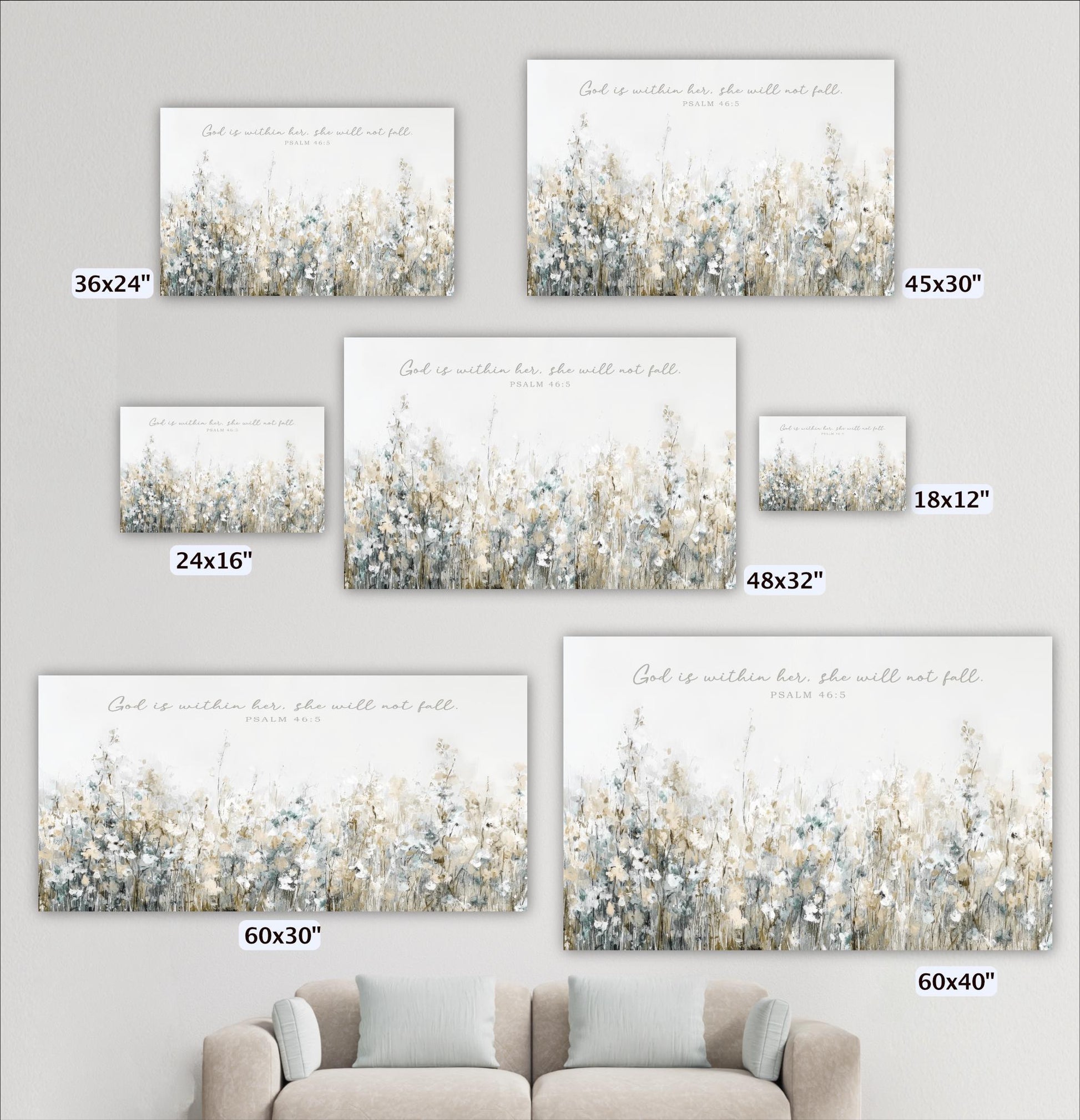 a collection of six different sizes of floral paintings, each with a unique size and resolution, displayed on a wall next to a couch.