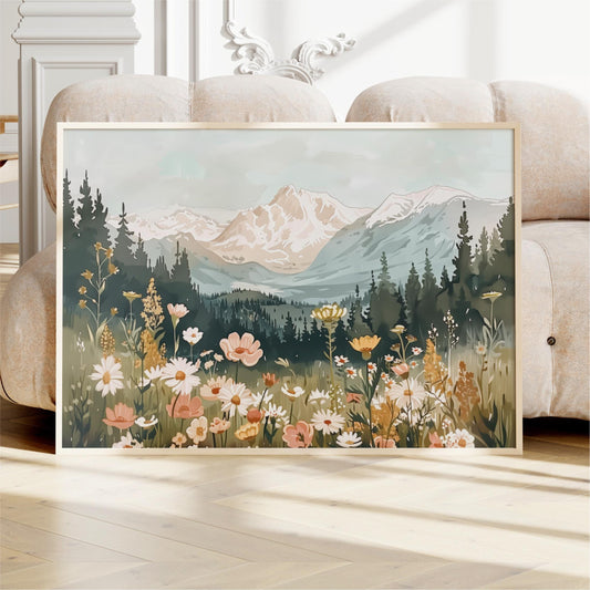 Wildflower Meadow Mountain Landscape, Vintage Nature Decor, Cottage Cabin Style, Framed Canvas Print