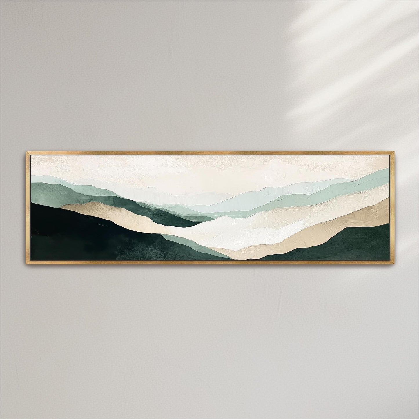 The image is a framed landscape painting depicting a serene mountain scene with a blend of green, blue, and beige colors.