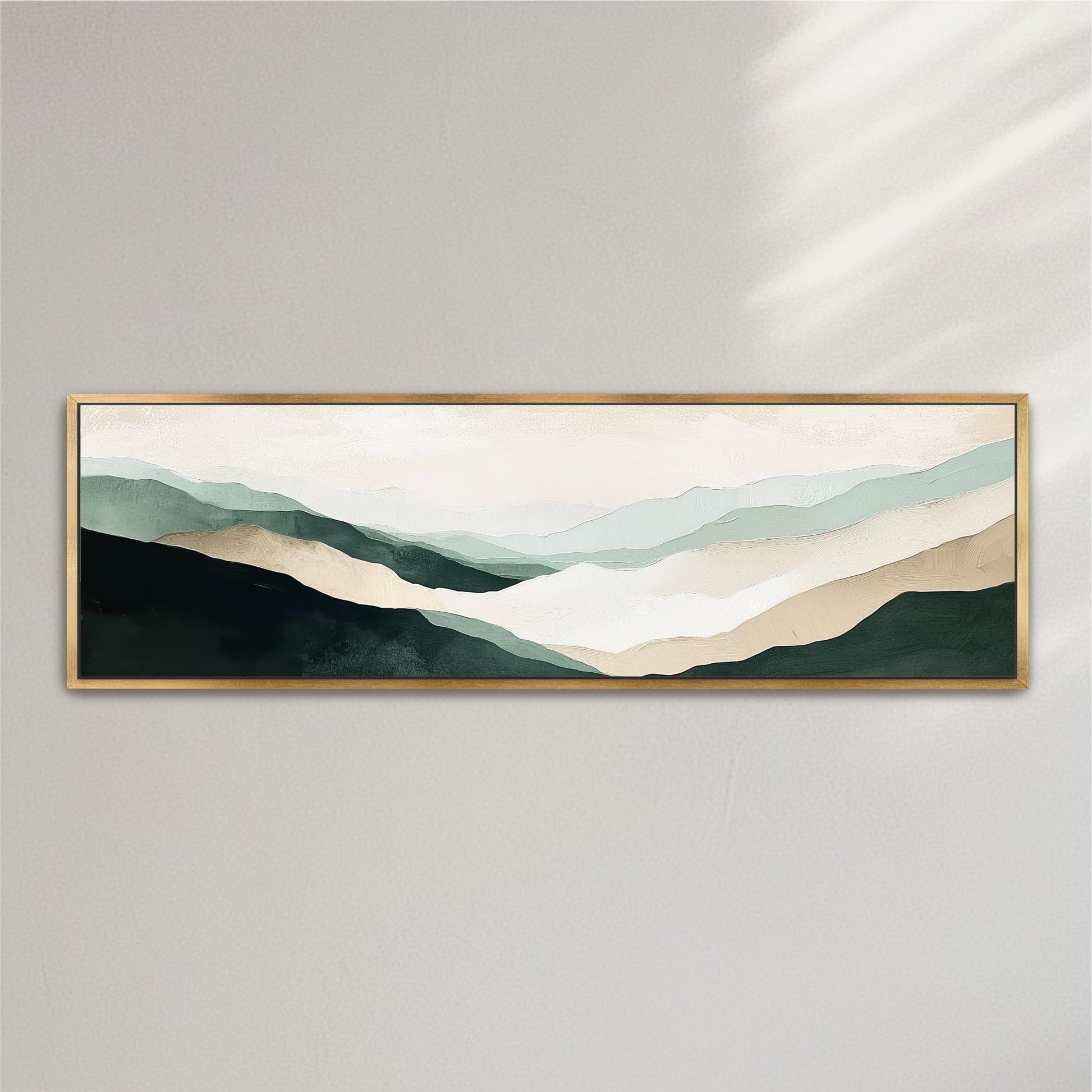 The image is a framed landscape painting depicting a serene mountain scene with a blend of green, blue, and beige colors.