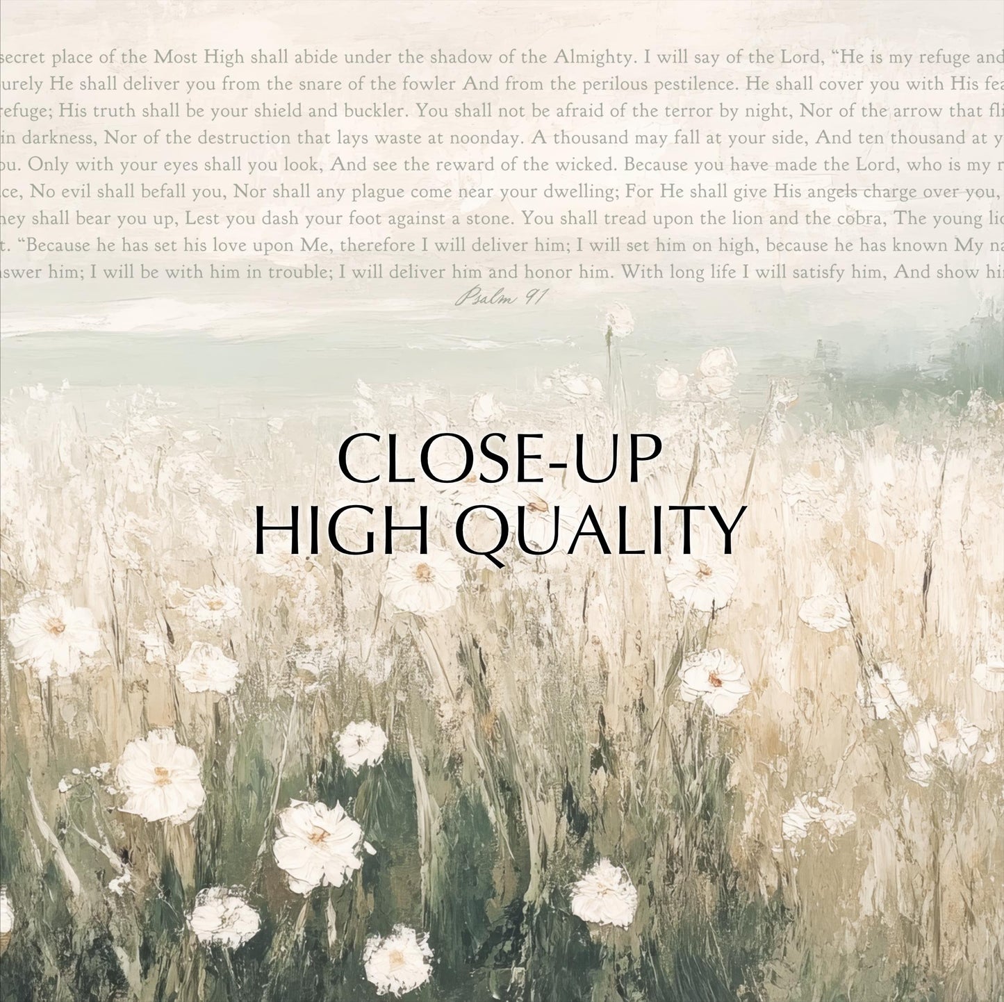 The image is a close-up of a field of white flowers, with a text overlay that appears to be a biblical passage from the book of Psalms.