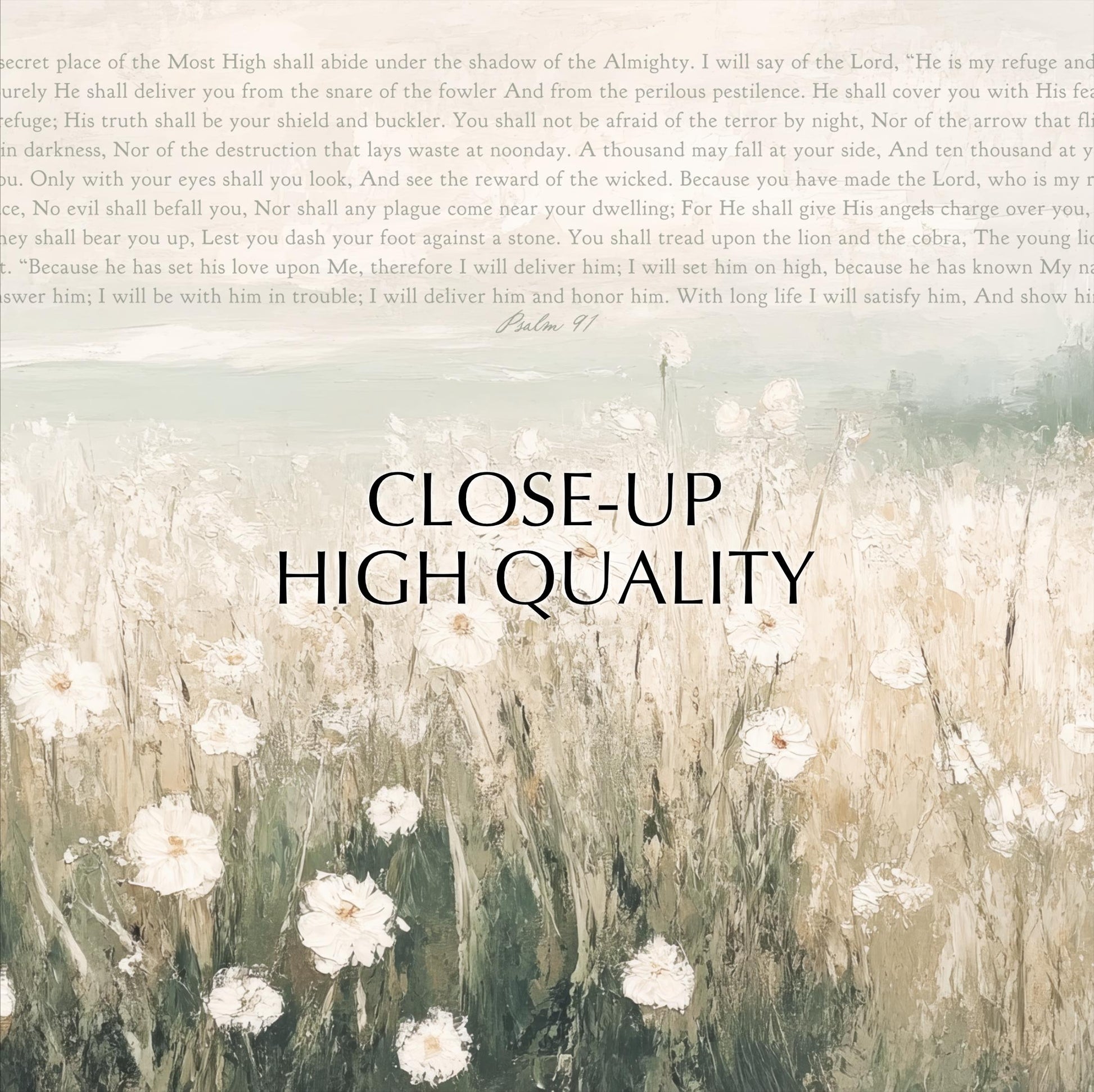 The image is a close-up of a field of white flowers, with a text overlay that appears to be a biblical passage from the book of Psalms.