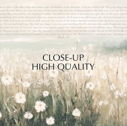 The image is a close-up of a field of white flowers, with a text overlay that appears to be a biblical passage from the book of Psalms.