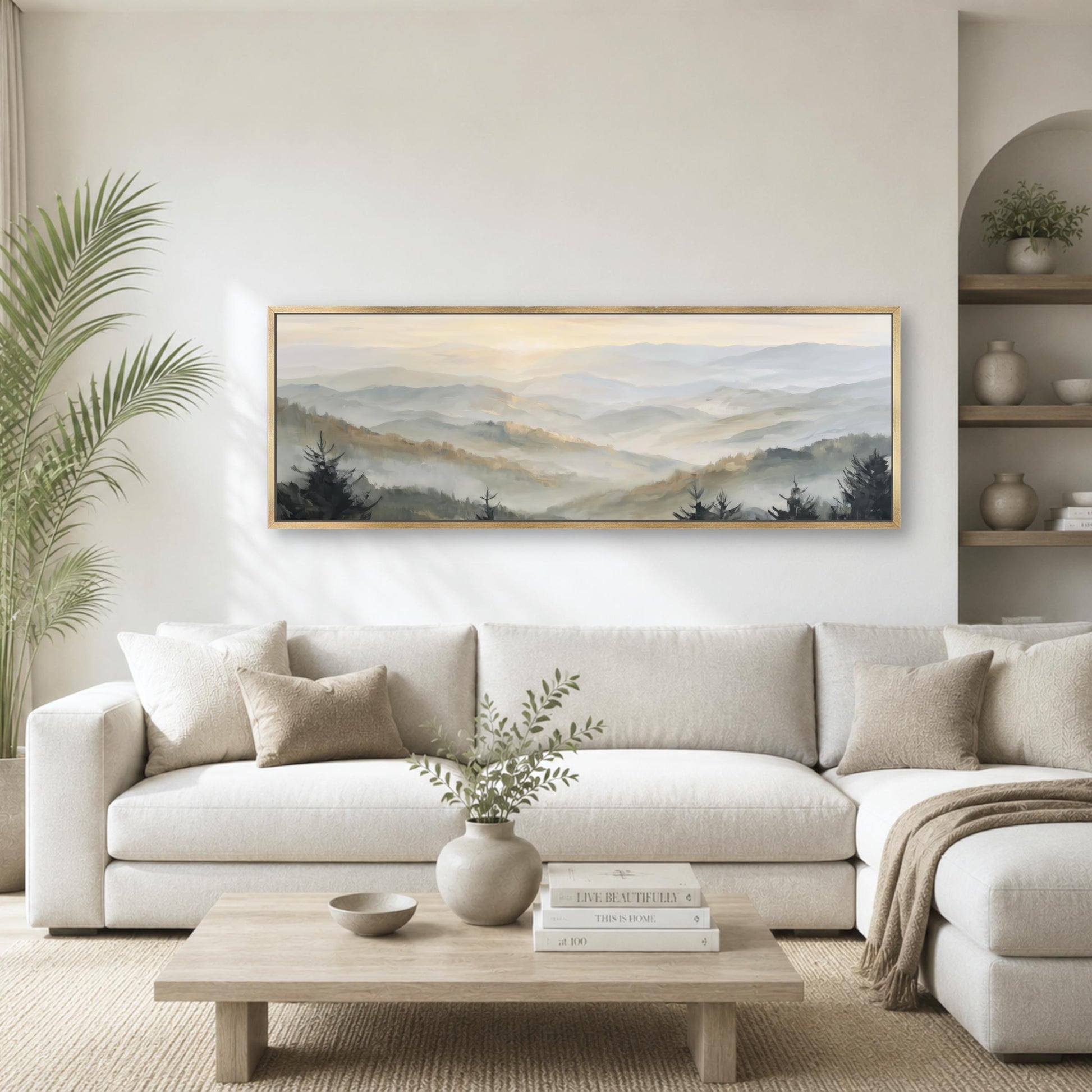 Mountains Sunrise Framed Wall Art, Abstract Neutral Forest Landscape Canvas Print, Nature Decor, Pine Trees, Large Horizontal ArtWork