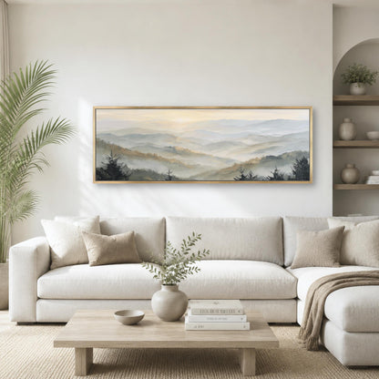 Mountains Sunrise Framed Wall Art, Abstract Neutral Forest Landscape Canvas Print, Nature Decor, Pine Trees, Large Horizontal ArtWork