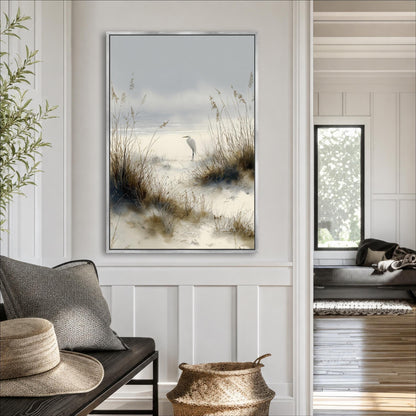 a serene indoor setting with a large painting of a bird standing in a field of tall grass, a couch, and a basket.