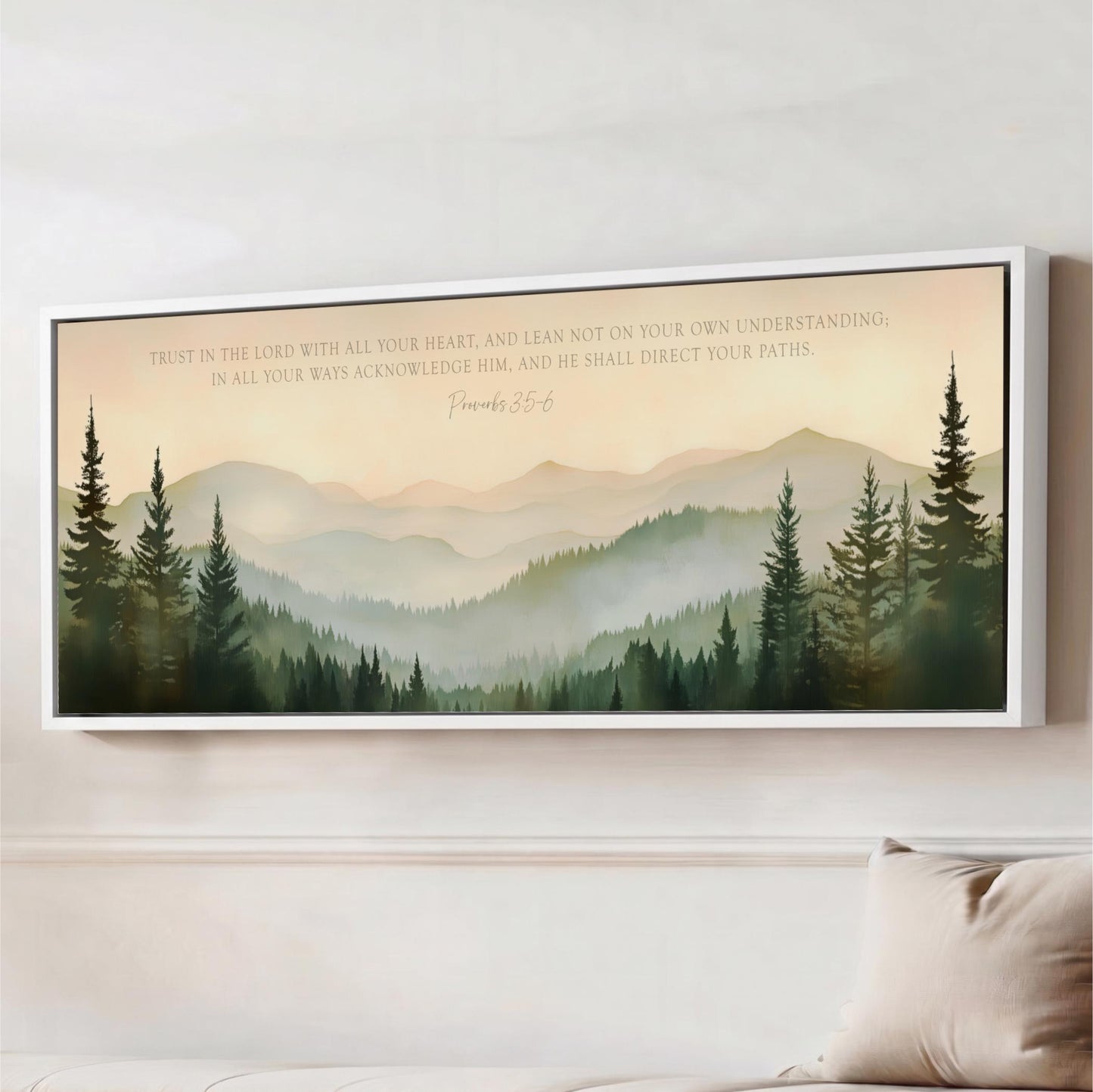 The image is a framed artwork depicting a serene mountain landscape with pine trees and a text overlay that reads "Trust in the Lord with all your heart, and lean not on your own understanding in all your ways acknowledging Him, and he shall direct your paths."
