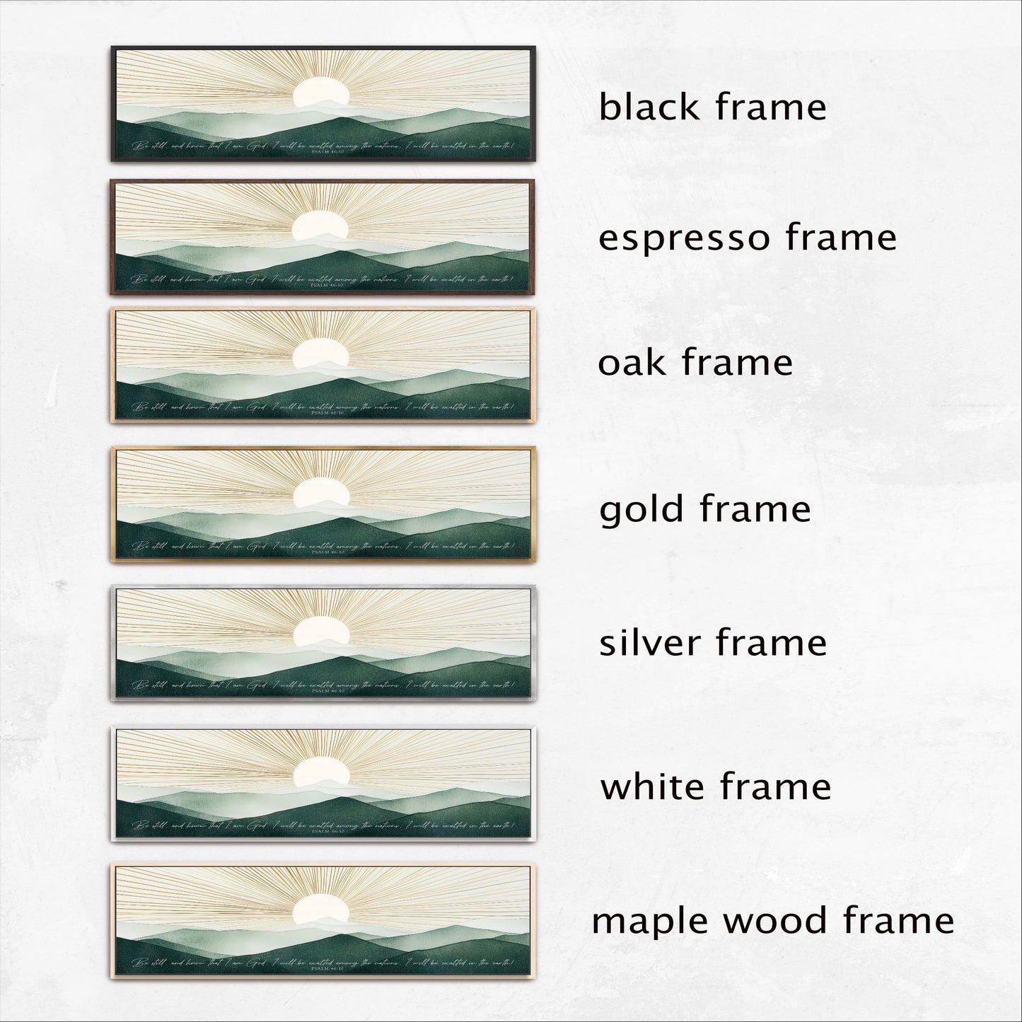 six different framed landscape photographs, each with a unique frame color and design. The frames are black, espresso, oak, gold, silver, white, and maple wood. The photographs depict various mountain scenes, showcasing the diversity of the frames and their ability to complement different types of artwork.