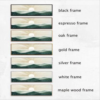 six different framed landscape photographs, each with a unique frame color and design. The frames are black, espresso, oak, gold, silver, white, and maple wood. The photographs depict various mountain scenes, showcasing the diversity of the frames and their ability to complement different types of artwork.
