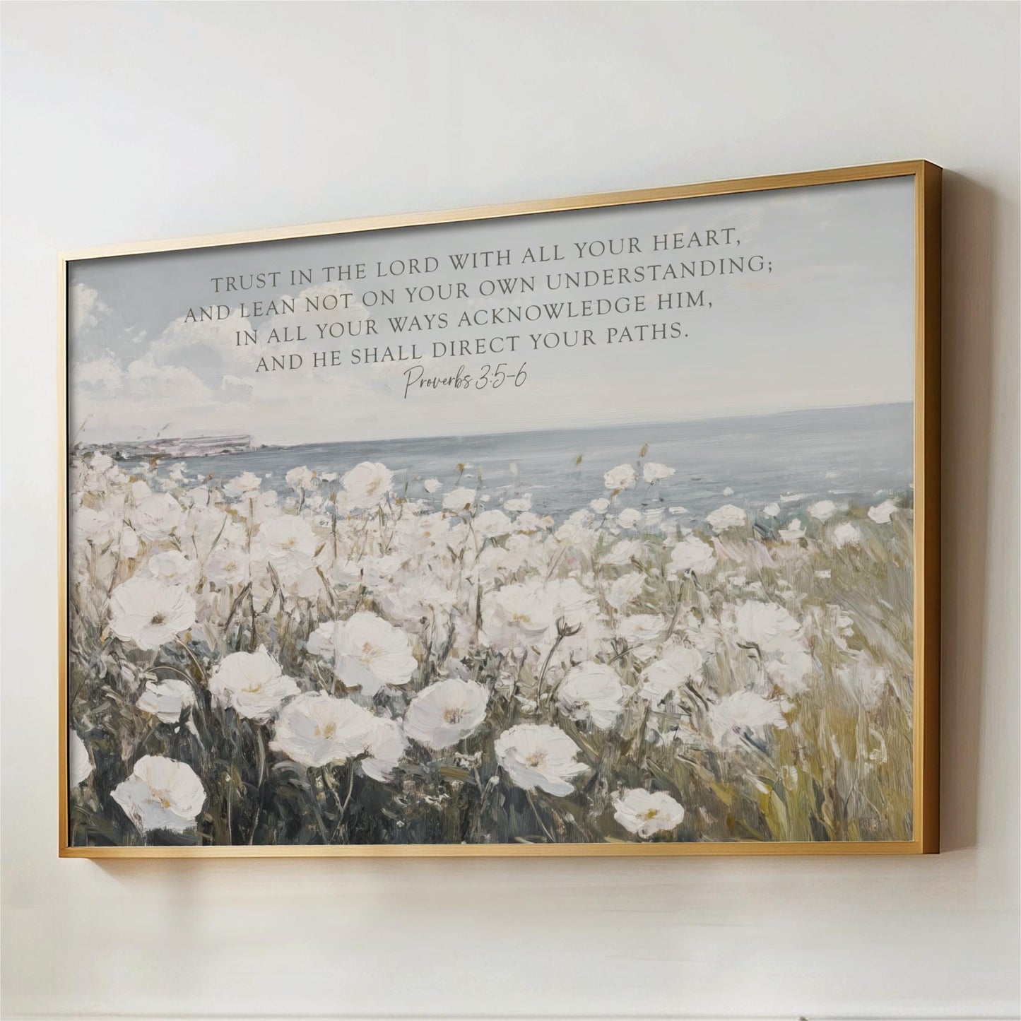 a painting of white flowers with a bible verse