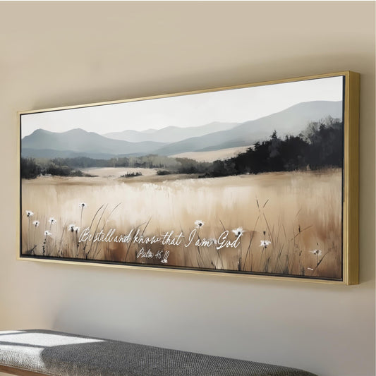 Scripture Framed Art, Be Still And Know That I Am God, Psalm 46:10 Vintage Neutral Modern Landscape Ready To Hang, Canvas Print Wide Pano